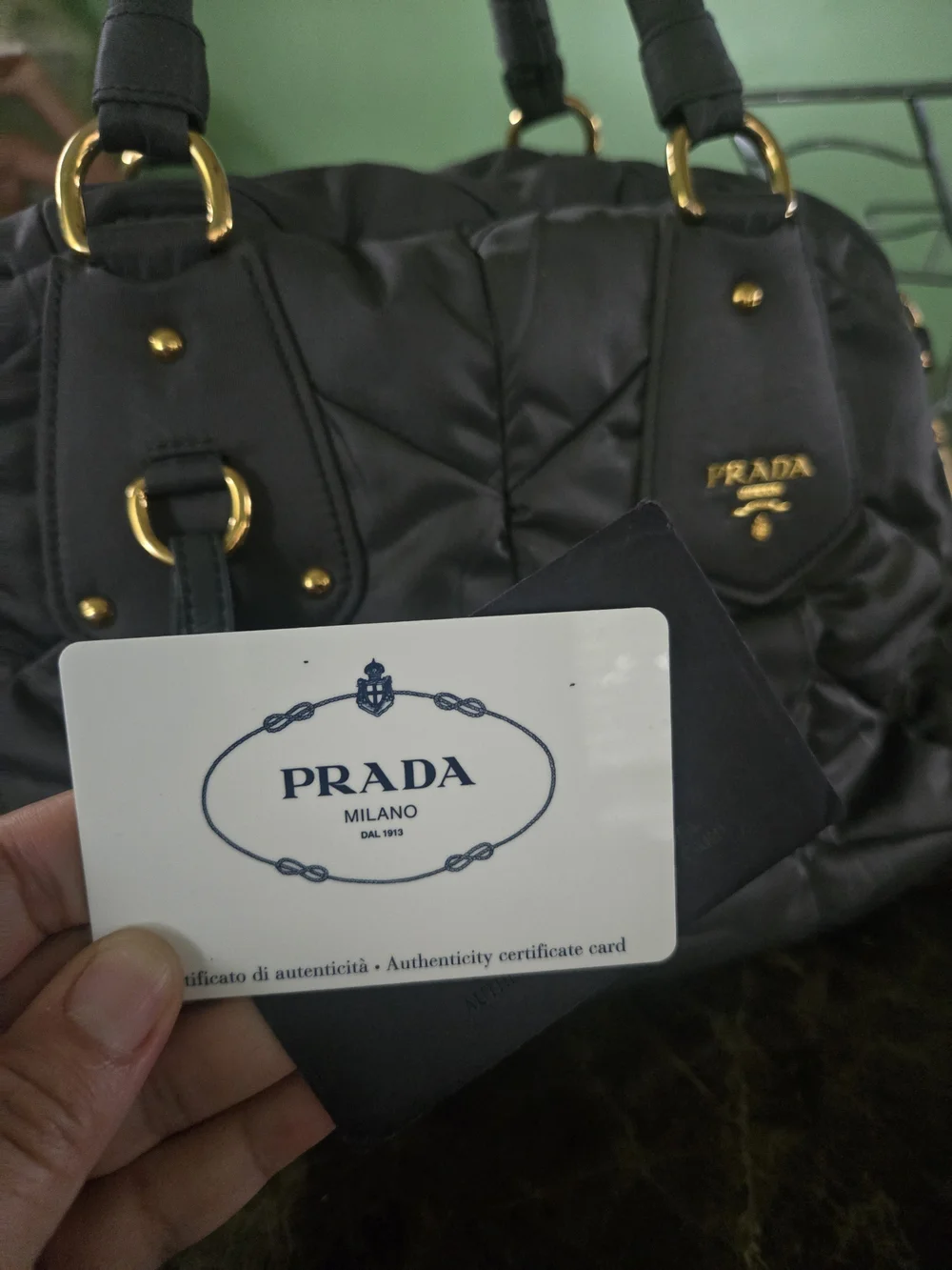 PRADA Quilted Nylon Satchel Bag in Gray with Gold Hardware